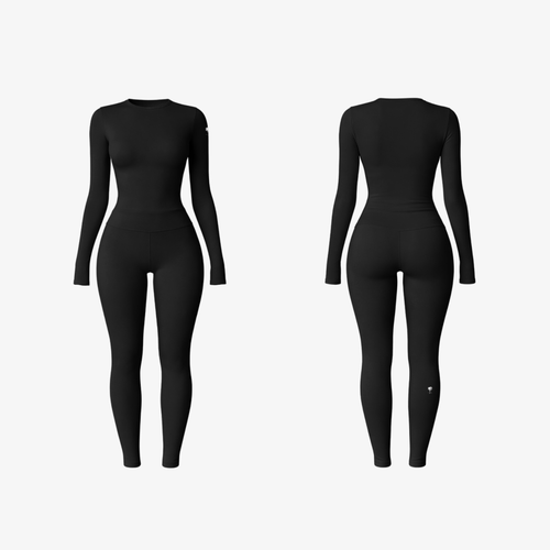 Black CoreShape™ Long Sleeve Set shown from front and back on a white background