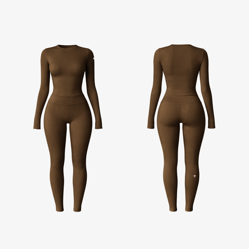 Coffee Brown CoreShape™ Long Sleeve Set shown from front and back on a white background