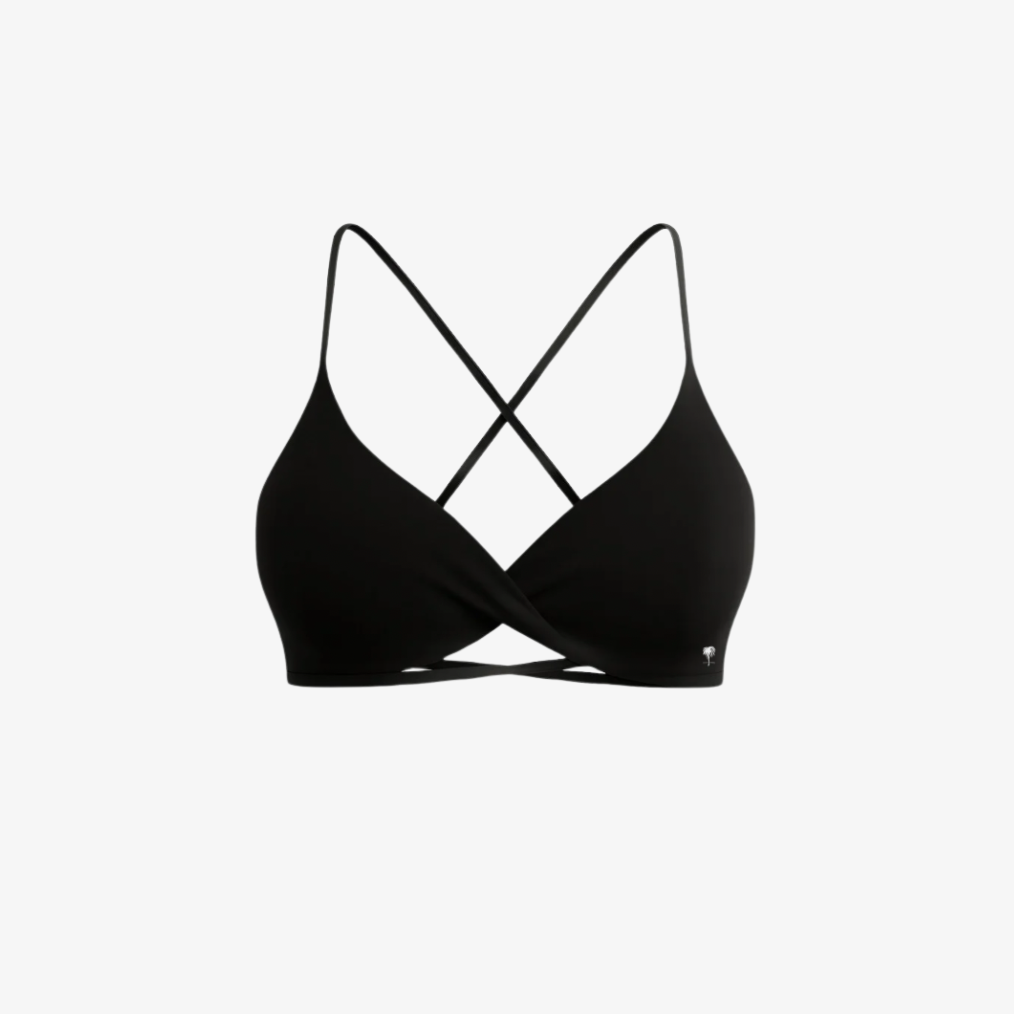 Sleek Jet Black CrossFlex™ bra by The Palm, featuring a wrap-front design and delicate criss-cross straps for a second-skin fit.