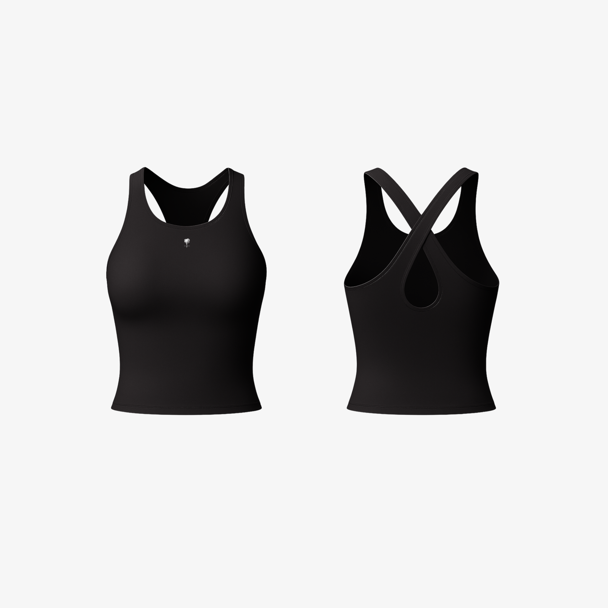 Sleek Jet Black CrossForm™ sculpt tank by The Palm, featuring a seamless second-skin fit and gentle compression.