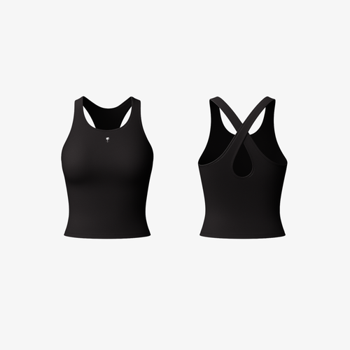 Sleek Jet Black CrossForm™ sculpt tank by The Palm, featuring a seamless second-skin fit and gentle compression.