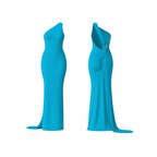 CurveLuxe™ Dress in vibrant bright blue  — one-shoulder maxi dress with sculpting fit, side drape, and ruched detailing at the back, designed to accentuate feminine curves with effortless sophistication.