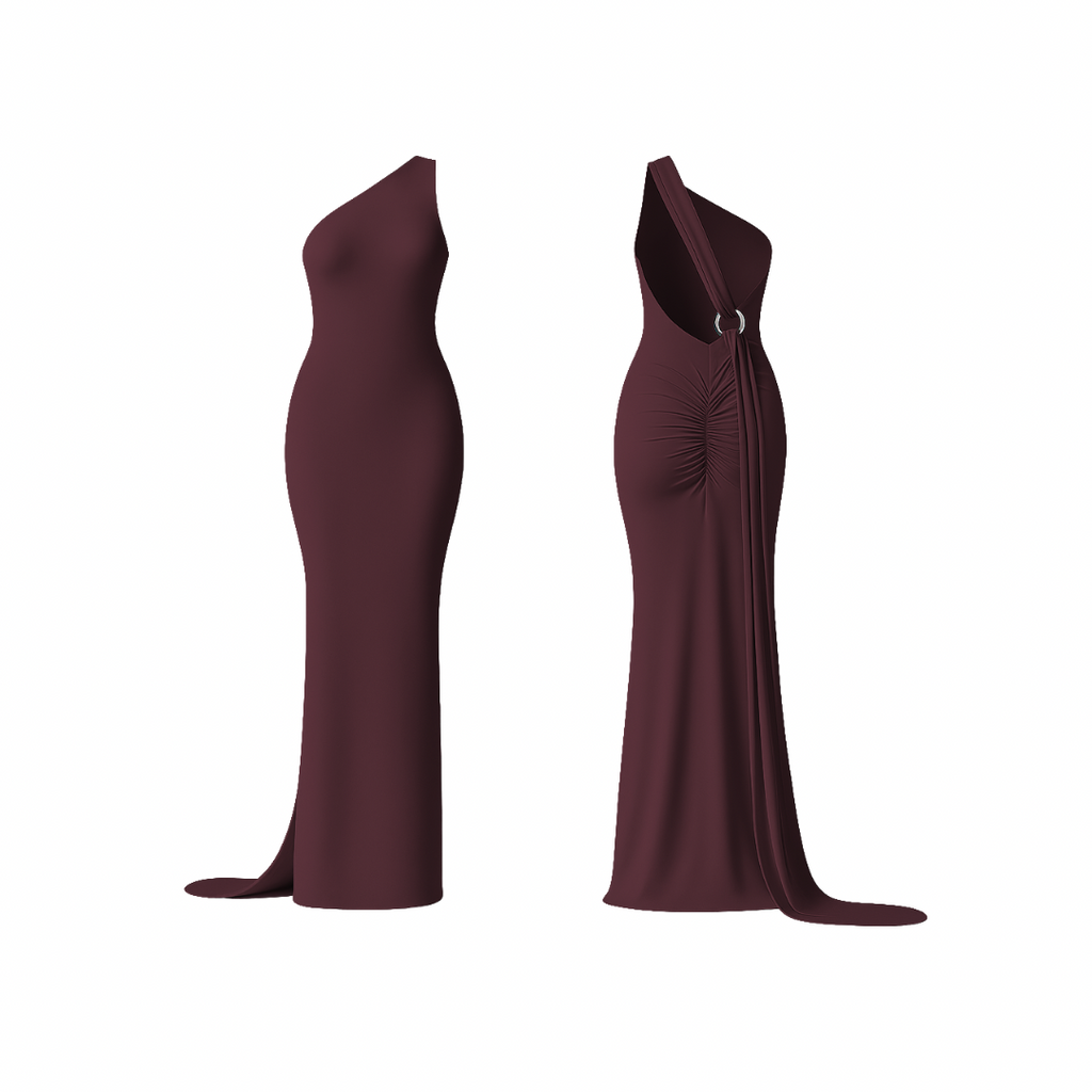 CurveLuxe™ Dress in vibrant deep burgundy — one-shoulder maxi dress with sculpting fit, side drape, and ruched detailing at the back, designed to accentuate feminine curves with effortless sophistication.