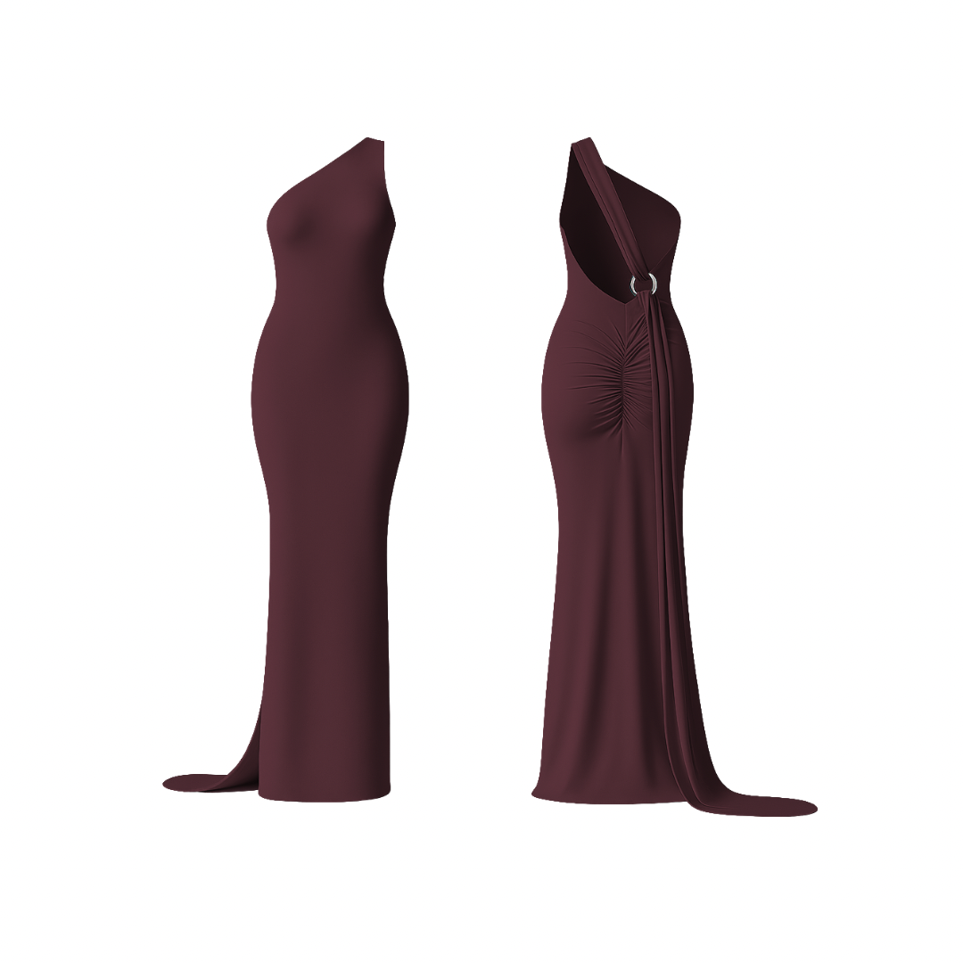 CurveLuxe™ Dress in vibrant deep burgundy — one-shoulder maxi dress with sculpting fit, side drape, and ruched detailing at the back, designed to accentuate feminine curves with effortless sophistication.