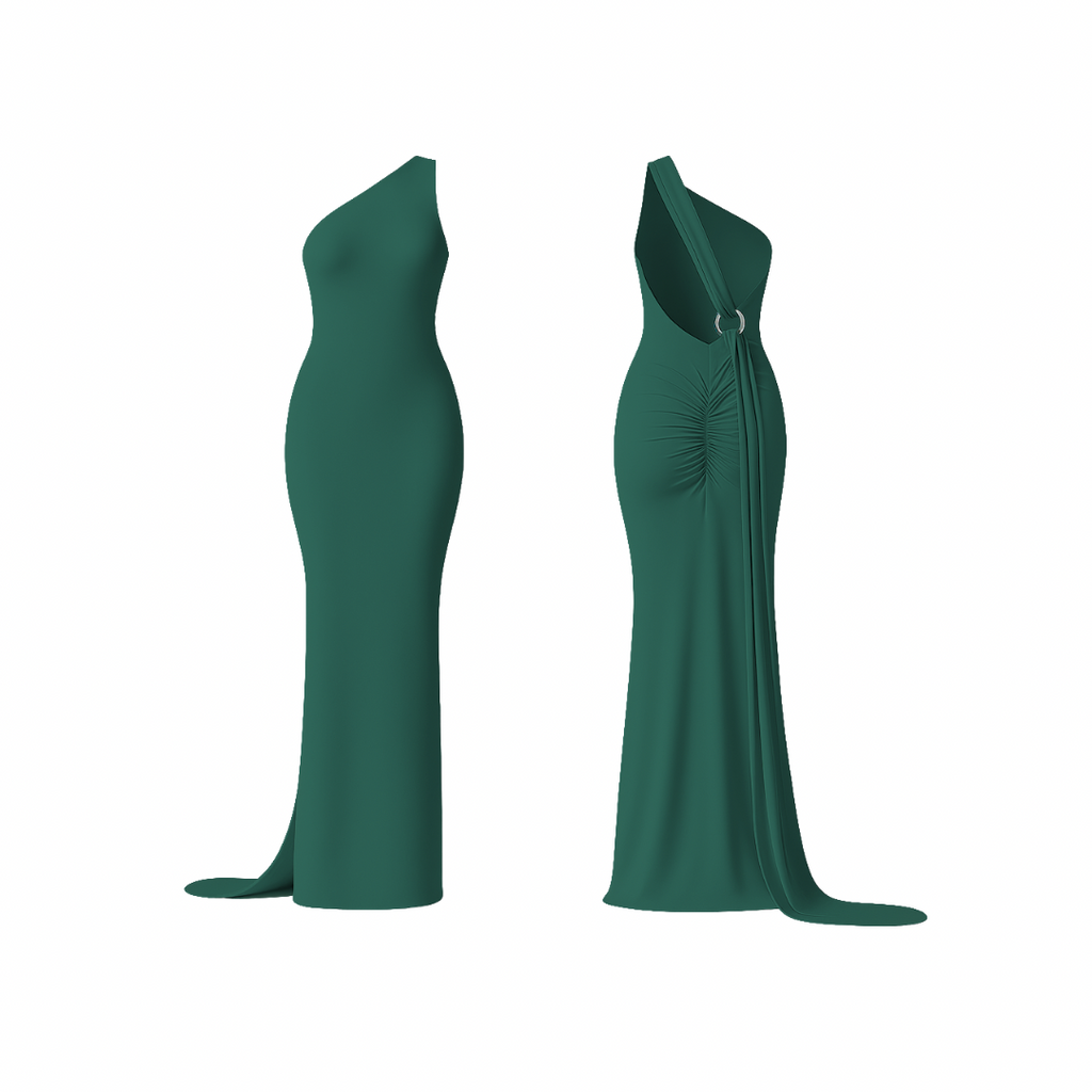 CurveLuxe™ Dress in vibrant emerald green  — one-shoulder maxi dress with sculpting fit, side drape, and ruched detailing at the back, designed to accentuate feminine curves with effortless sophistication.