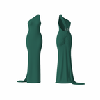 CurveLuxe™ Dress in vibrant emerald green  — one-shoulder maxi dress with sculpting fit, side drape, and ruched detailing at the back, designed to accentuate feminine curves with effortless sophistication.