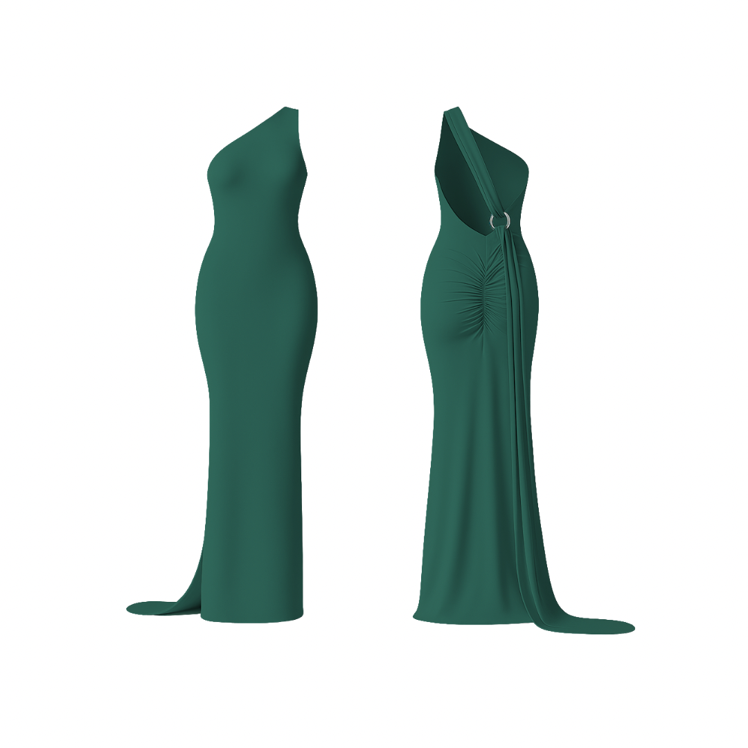 CurveLuxe™ Dress in vibrant emerald green  — one-shoulder maxi dress with sculpting fit, side drape, and ruched detailing at the back, designed to accentuate feminine curves with effortless sophistication.