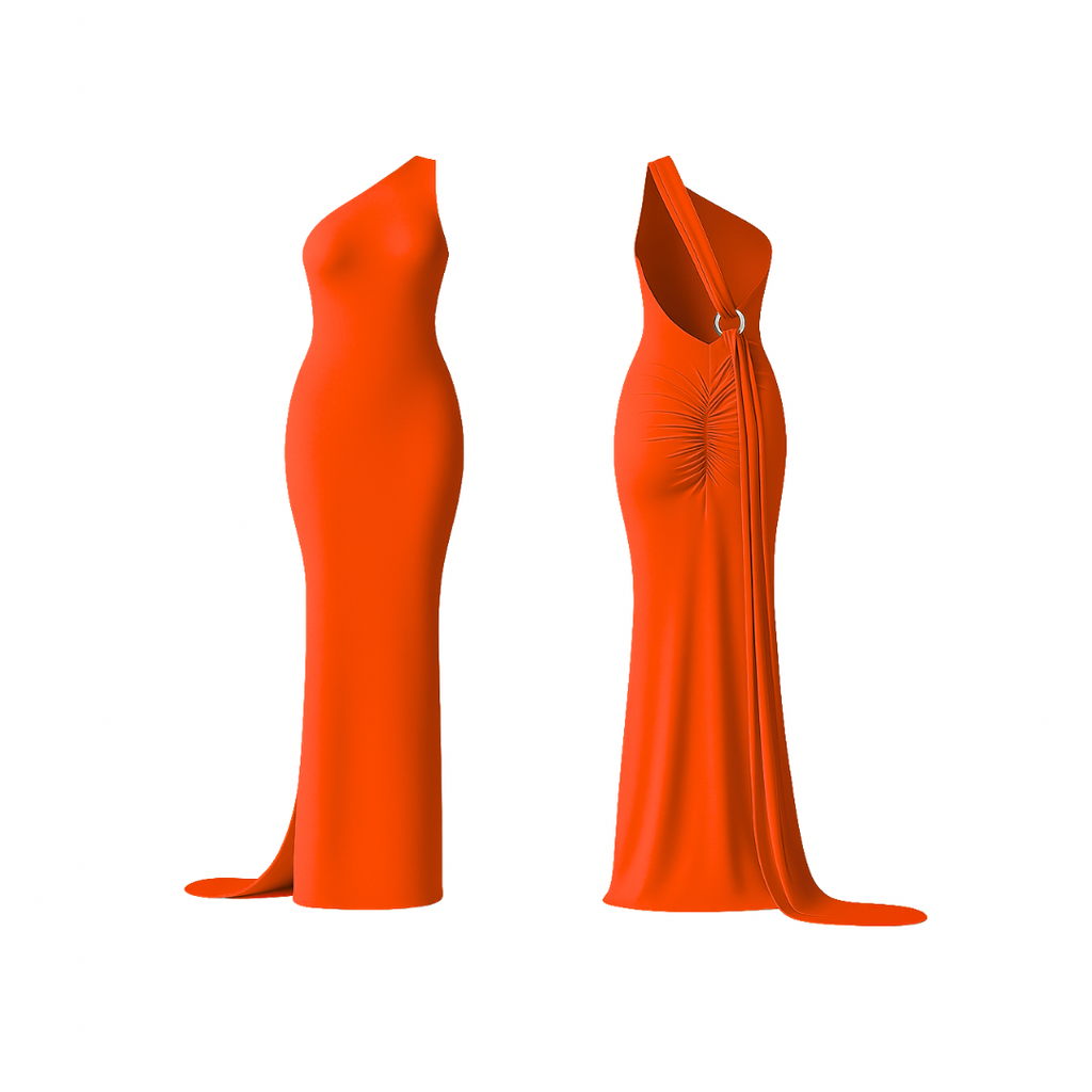 CurveLuxe™ Dress in vibrant fire sculpt  — one-shoulder maxi dress with sculpting fit, side drape, and ruched detailing at the back, designed to accentuate feminine curves with effortless sophistication.