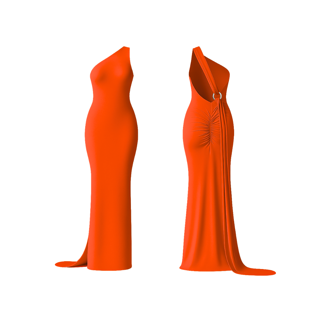 CurveLuxe™ Dress in vibrant fire sculpt  — one-shoulder maxi dress with sculpting fit, side drape, and ruched detailing at the back, designed to accentuate feminine curves with effortless sophistication.