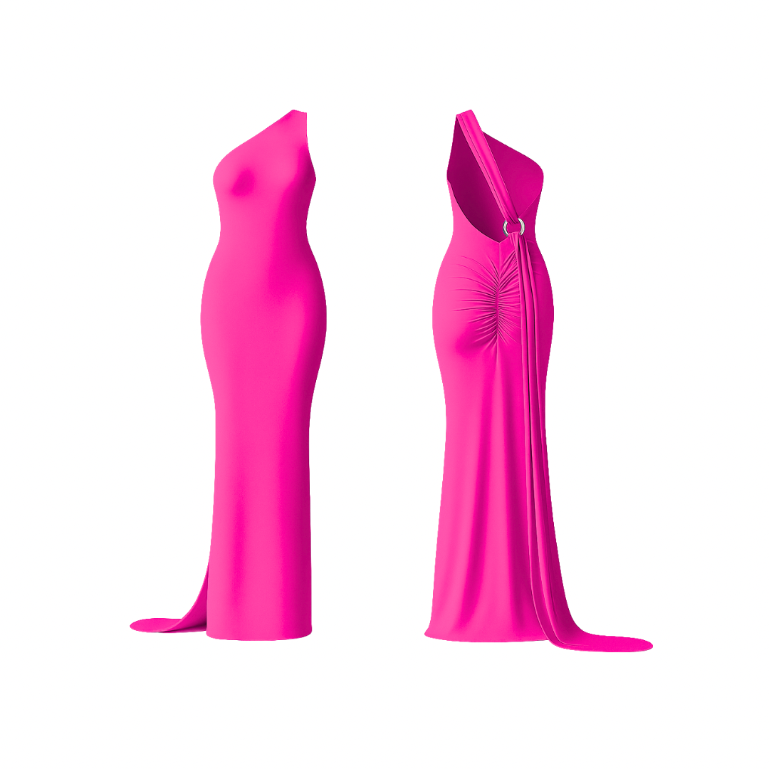 CurveLuxe™ Dress in vibrant hot pink  — one-shoulder maxi dress with sculpting fit, side drape, and ruched detailing at the back, designed to accentuate feminine curves with effortless sophistication.
