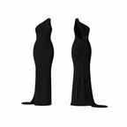 CurveLuxe™ Dress in vibrant jet black  — one-shoulder maxi dress with sculpting fit, side drape, and ruched detailing at the back, designed to accentuate feminine curves with effortless sophistication.