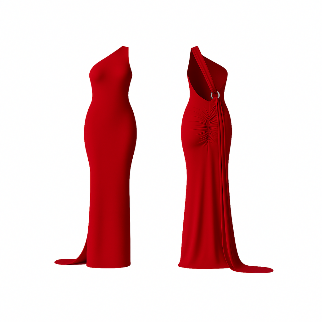 CurveLuxe™ Dress in vibrant red — one-shoulder maxi dress with sculpting fit, side drape, and ruched detailing at the back, designed to accentuate feminine curves with effortless sophistication.