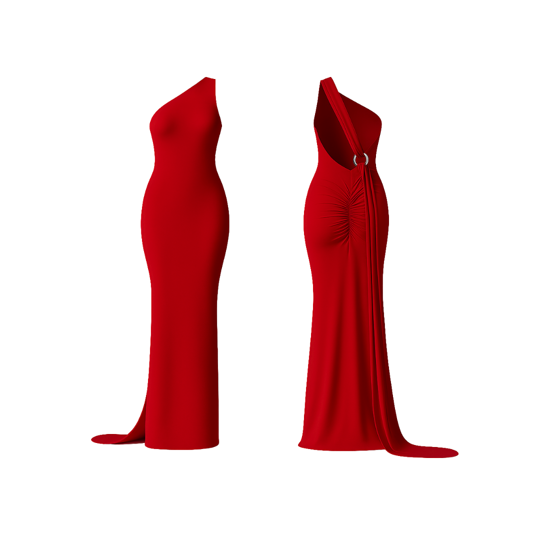 CurveLuxe™ Dress in vibrant red — one-shoulder maxi dress with sculpting fit, side drape, and ruched detailing at the back, designed to accentuate feminine curves with effortless sophistication.