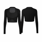 Seamless jet black sculpting long-sleeve top with a twisted front detail, shown from front and back on a white background — minimalist and form-fitting in The Palm aesthetic.