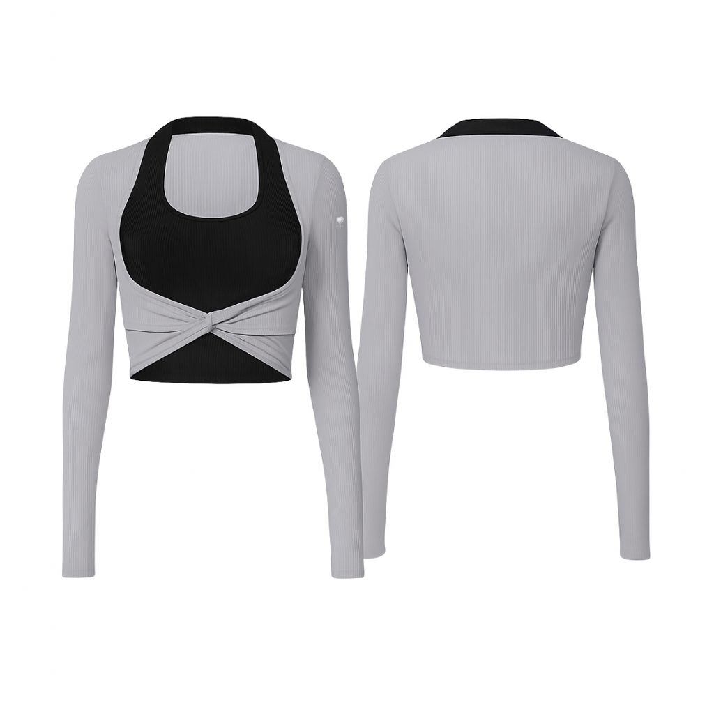 Seamless Stone Sculpt sculpting long-sleeve top with a twisted front detail, shown from front and back on a white background — minimalist and form-fitting in The Palm aesthetic.