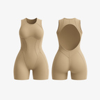 Classic Beige FlowForm™ sculpting one-piece featuring a clean, minimal aesthetic and flexible open-back detail.