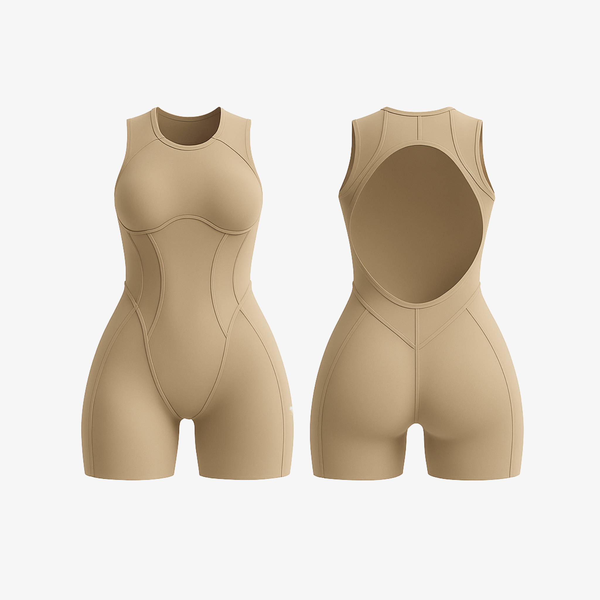 Classic Beige FlowForm™ sculpting one-piece featuring a clean, minimal aesthetic and flexible open-back detail.