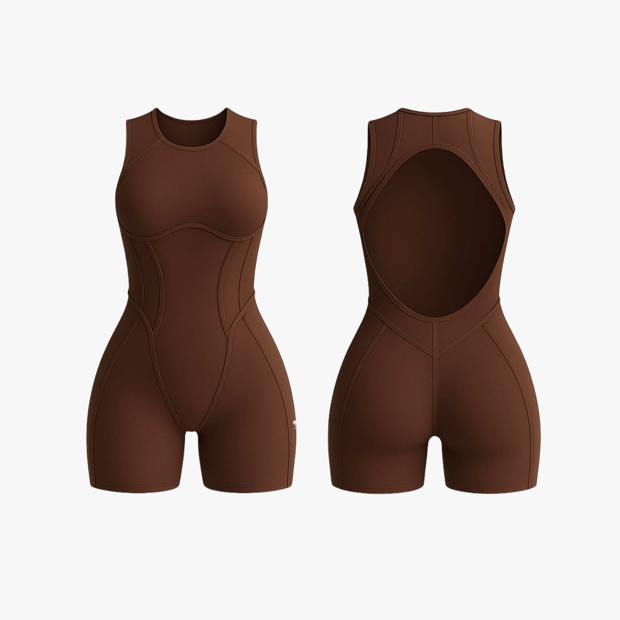 Minimalist Brown FlowForm™ romper designed to hug curves with a soft, body-skimming fit and seamless silhouette.