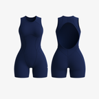 Deep Navy FlowForm™ open-back romper with a flattering, body-hugging fit and premium breathable fabric by The Palm.