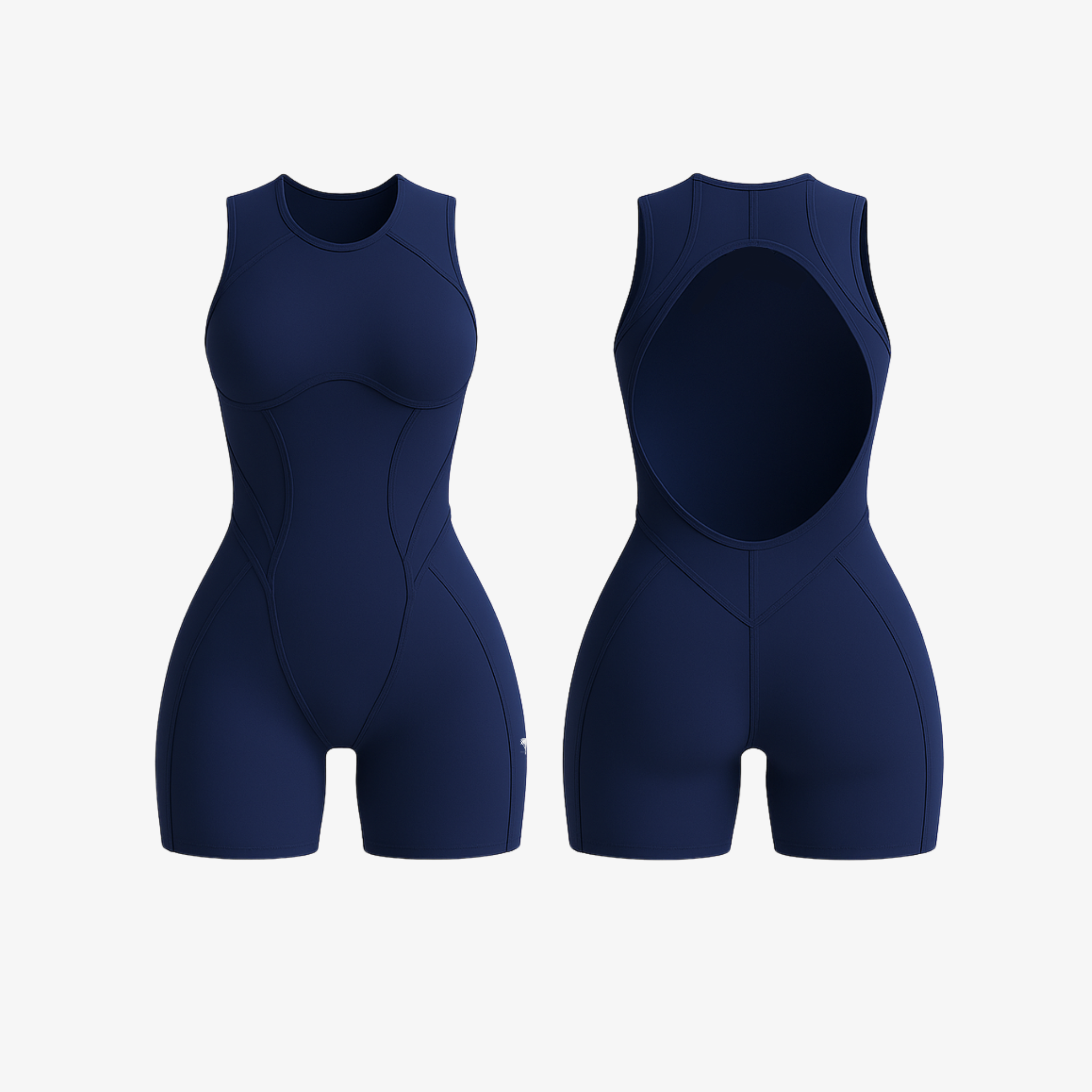 Deep Navy FlowForm™ open-back romper with a flattering, body-hugging fit and premium breathable fabric by The Palm.