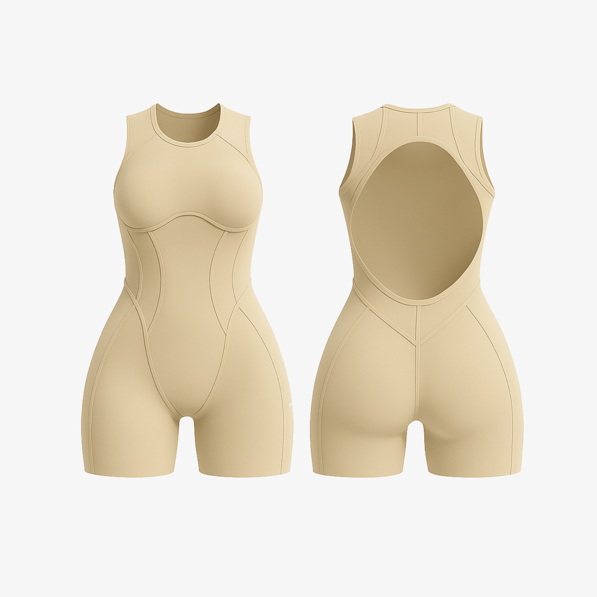 Soft Sent Beige FlowForm™ open-back romper, offering a refined look and second-skin comfort for studio or daily wear.