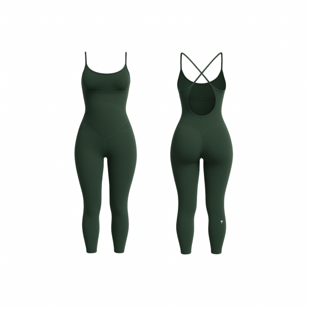 Minimalist seamless shaping bodysuit  deep green with smooth contours, shown from front and back on a white background.