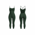 Minimalist seamless shaping bodysuit  deep green with smooth contours, shown from front and back on a white background.