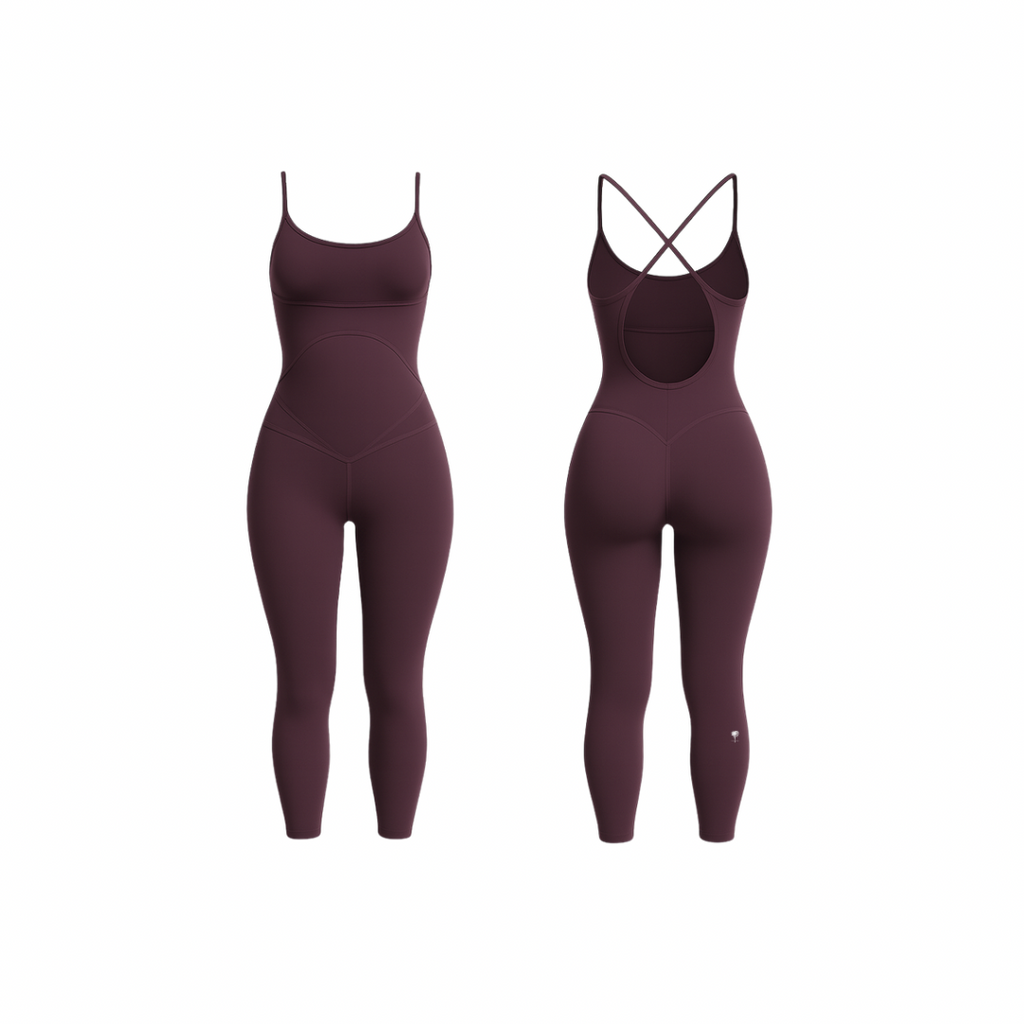 Minimalist seamless shaping bodysuit  deep wine with smooth contours, shown from front and back on a white background.
