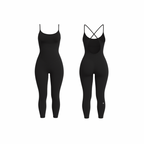 Minimalist  seamless shaping bodysuit  jet black with smooth contours, shown from front and back on a white background.