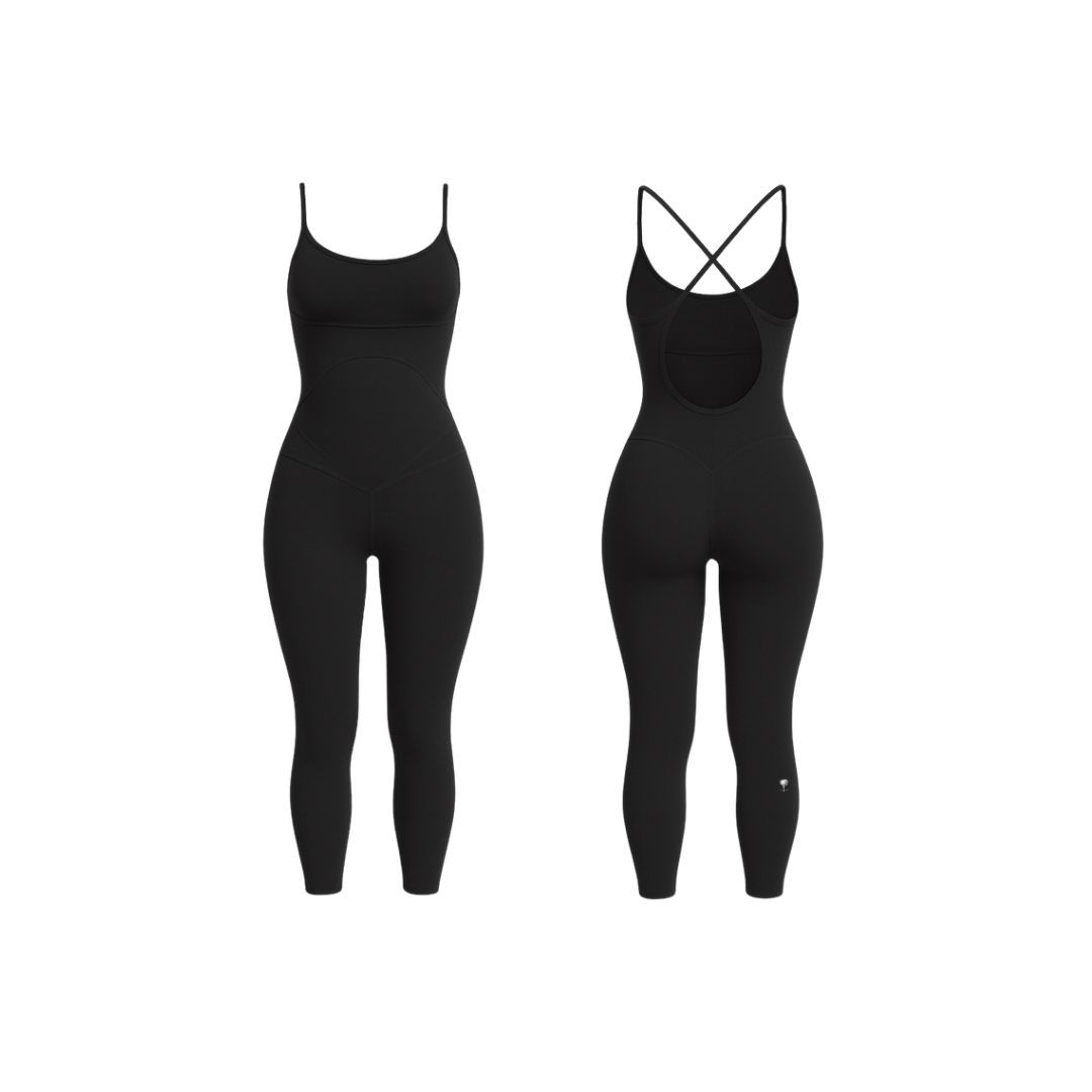 Minimalist  seamless shaping bodysuit  jet black with smooth contours, shown from front and back on a white background.