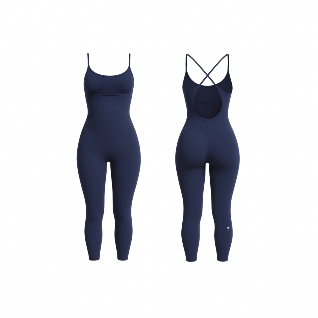 Minimalist seamless shaping bodysuit  Navy Blue with smooth contours, shown from front and back on a white background.