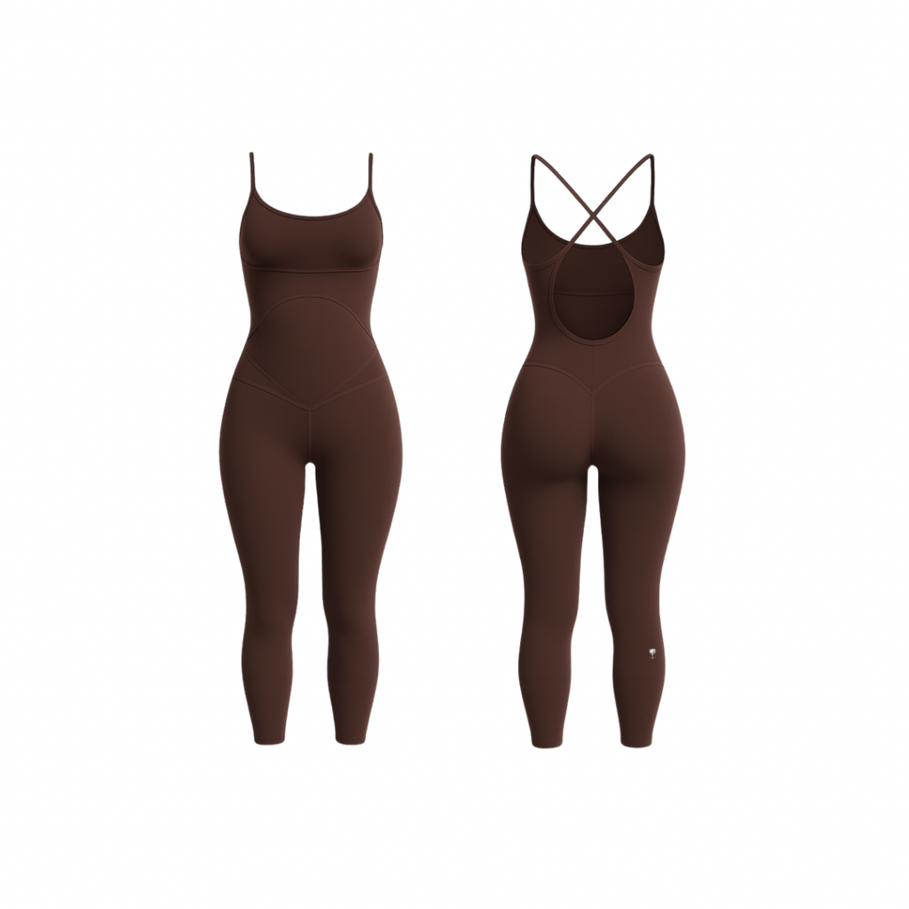 Minimalist seamless shaping bodysuit  rich mocha brown with smooth contours, shown from front and back on a white background.