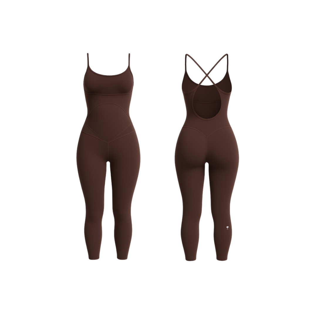 Minimalist seamless shaping bodysuit  rich mocha brown with smooth contours, shown from front and back on a white background.