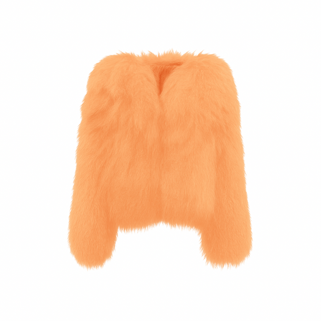 Soft orange faux-fur jacket on a white background — plush texture and relaxed cropped silhouette from The Palm Jackets Collection.
