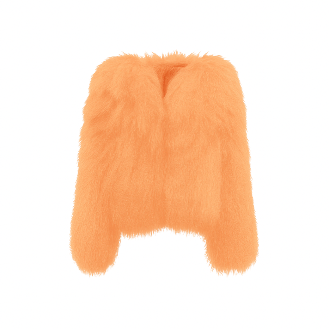 Soft orange faux-fur jacket on a white background — plush texture and relaxed cropped silhouette from The Palm Jackets Collection.
