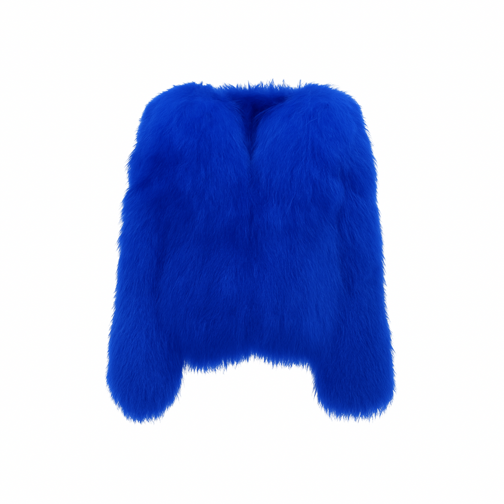 Deep cobalt faux-fur jacket — smooth texture and relaxed cut from The Palm Jackets Collection.