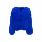 Deep cobalt faux-fur jacket — smooth texture and relaxed cut from The Palm Jackets Collection.