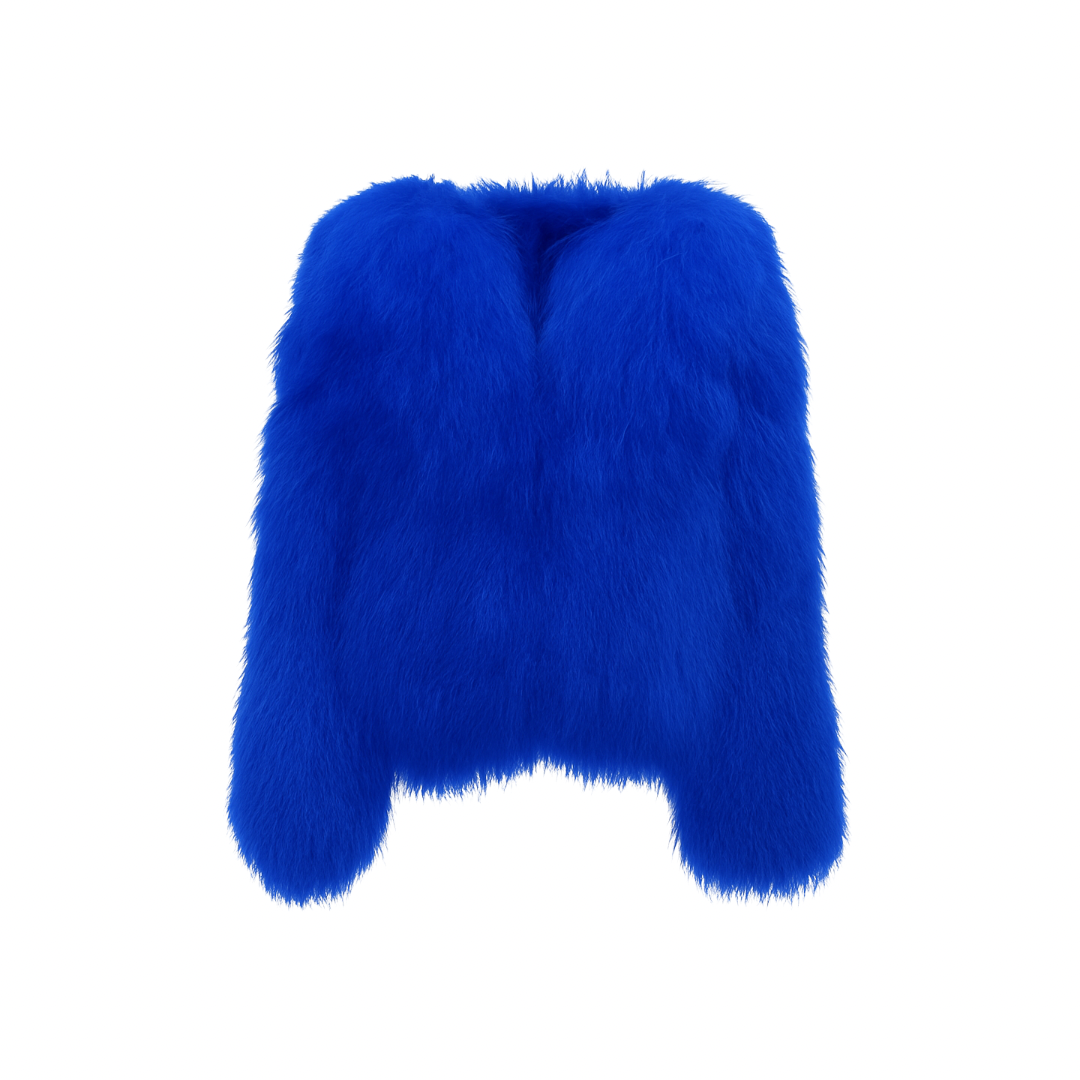 Deep cobalt faux-fur jacket — smooth texture and relaxed cut from The Palm Jackets Collection.