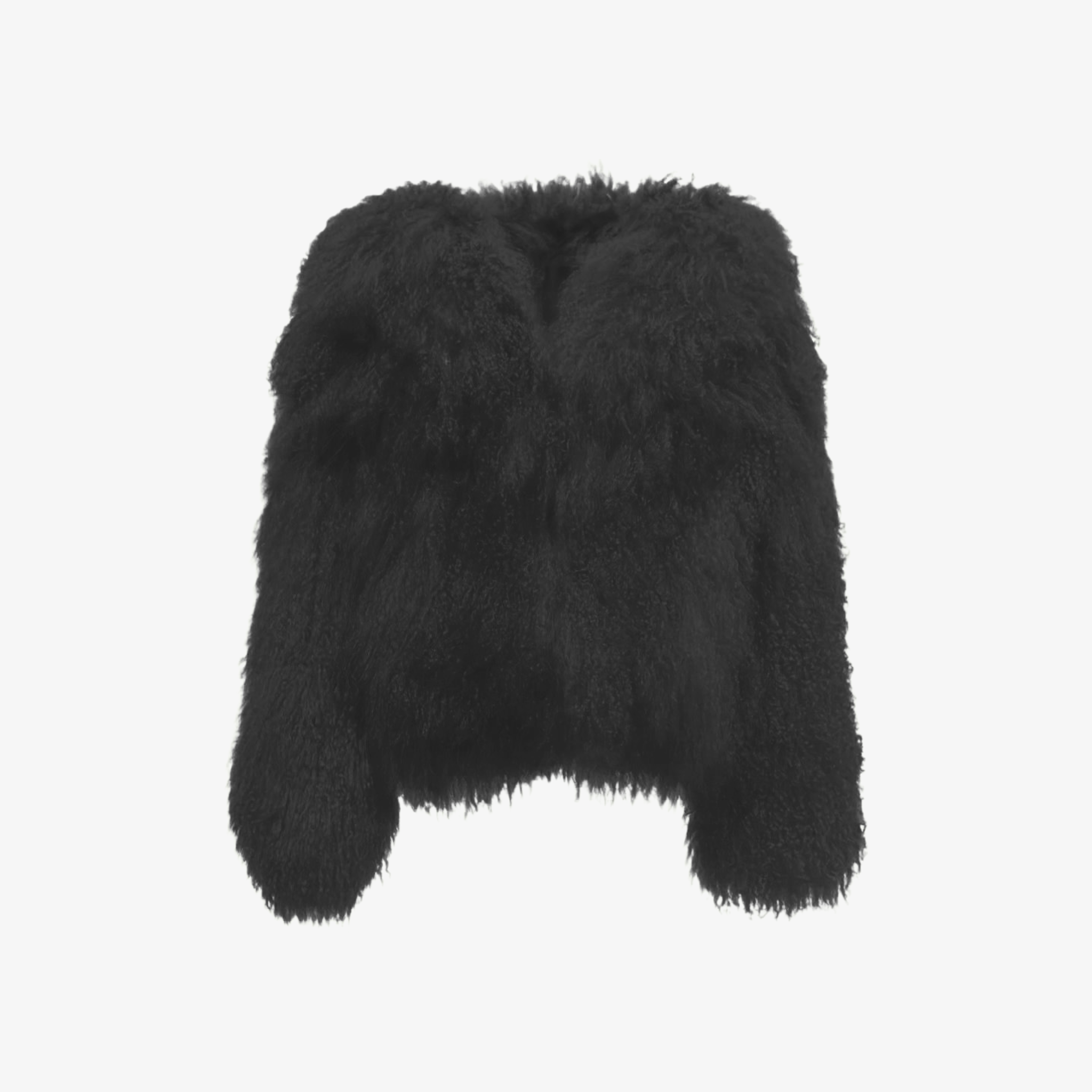 Sleek Jet Black FurMuse™ faux fur jacket by The Palm, featuring a silky satin lining and a relaxed sculpted fit.