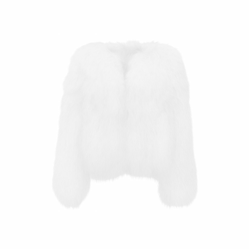 White faux-fur jacket — minimalist, plush texture with satin lining from The Palm.