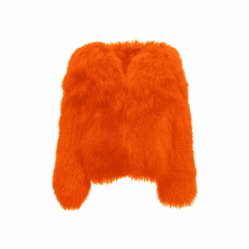 Bright red-orange faux-fur jacket — bold statement piece with satin lining and sculpted shape.