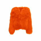 Bright red-orange faux-fur jacket — bold statement piece with satin lining and sculpted shape.