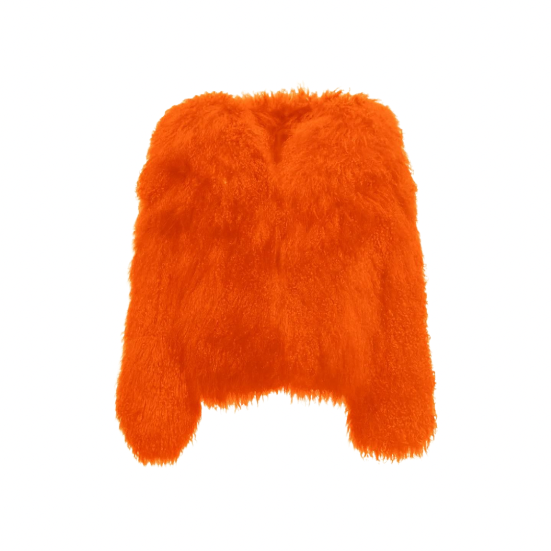 Bright red-orange faux-fur jacket — bold statement piece with satin lining and sculpted shape.