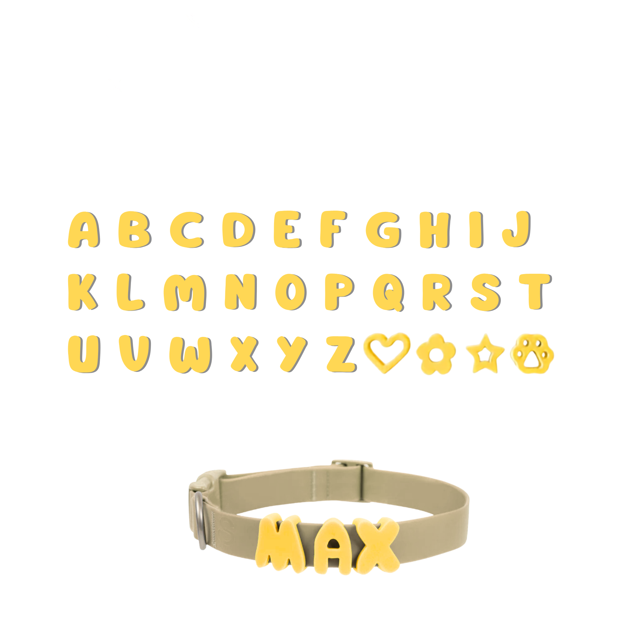 A grid displaying the complete alphabet and special symbols (heart, flower, star, paw) all in yellow, with a separate dog collar showing an example of how the yellow letters are attached to create a personalized name.