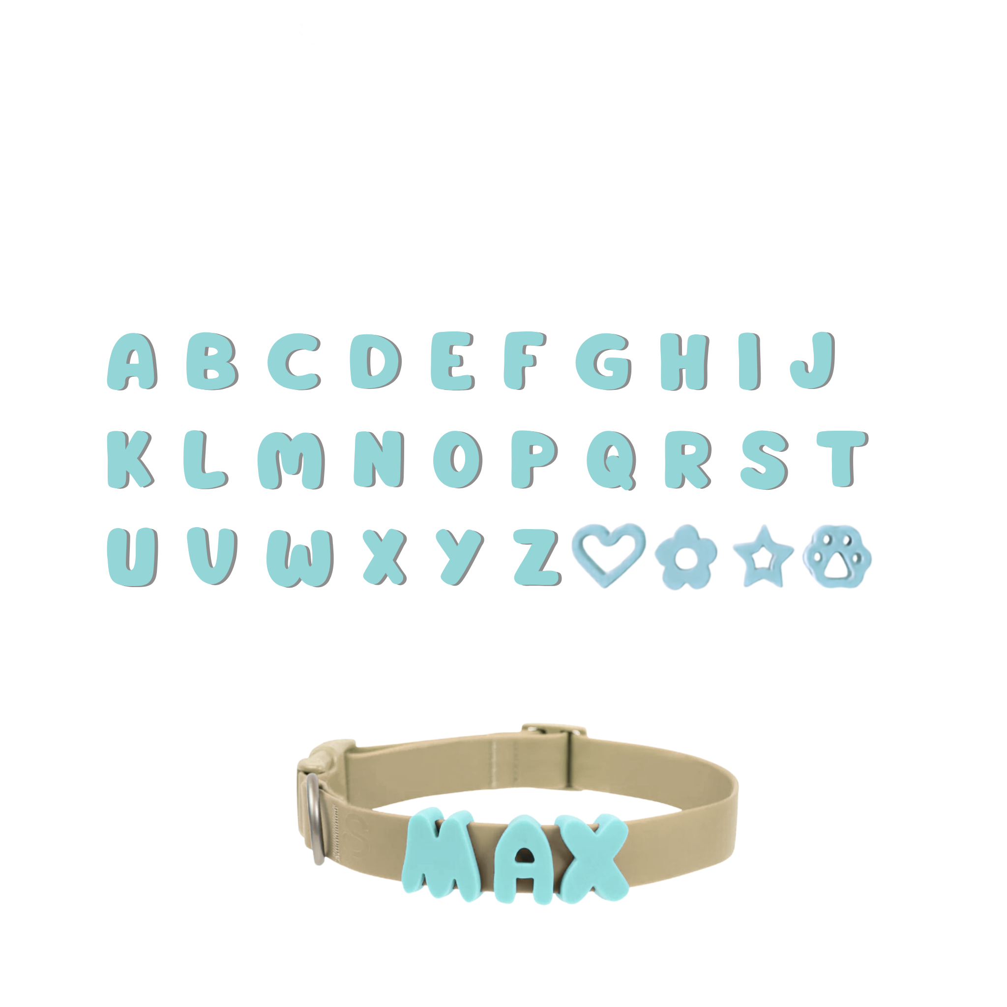 A grid displaying the complete alphabet and special symbols (heart, flower, star, paw) all in mint, with a separate dog collar showing an example of how the mint letters are attached to create a personalized name.