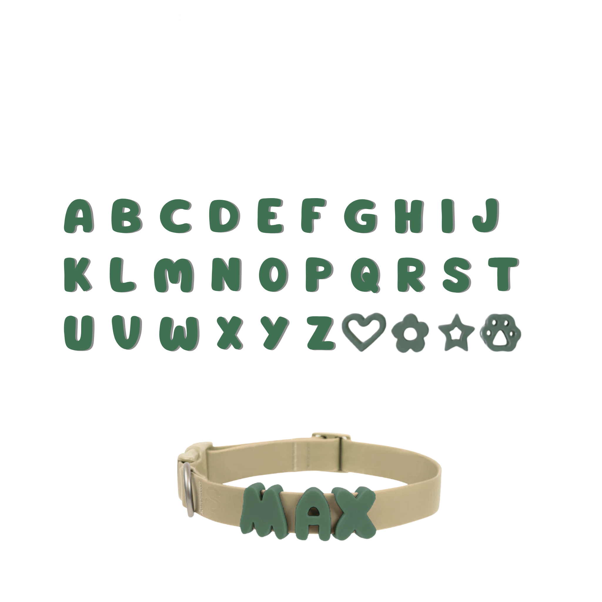 A grid displaying the complete alphabet and special symbols (heart, flower, star, paw) all in green, with a separate dog collar showing an example of how the green letters are attached to create a personalized name.