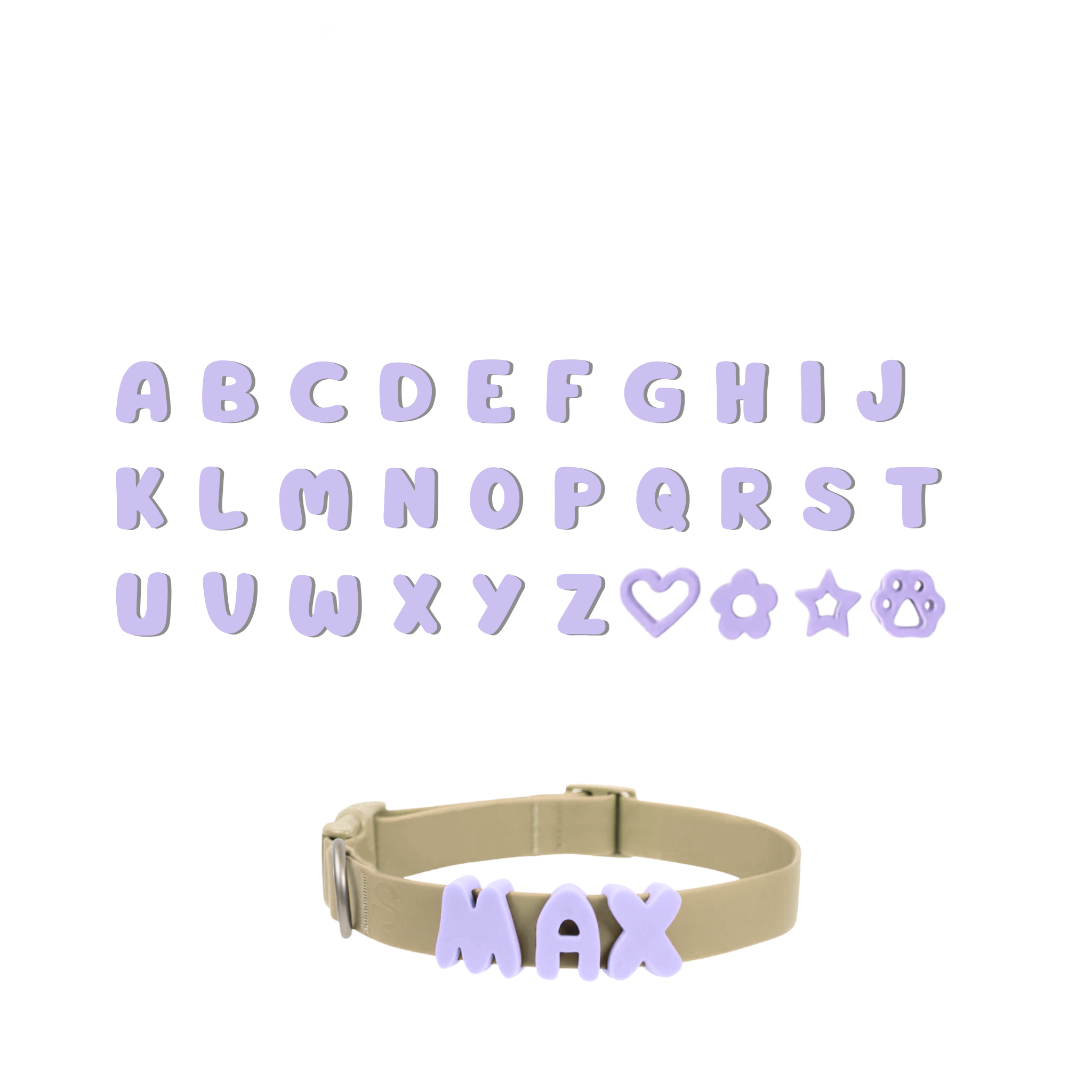 A grid displaying the complete alphabet and special symbols (heart, flower, star, paw) all in lavender, with a separate dog collar showing an example of how the lavender letters are attached to create a personalized name.