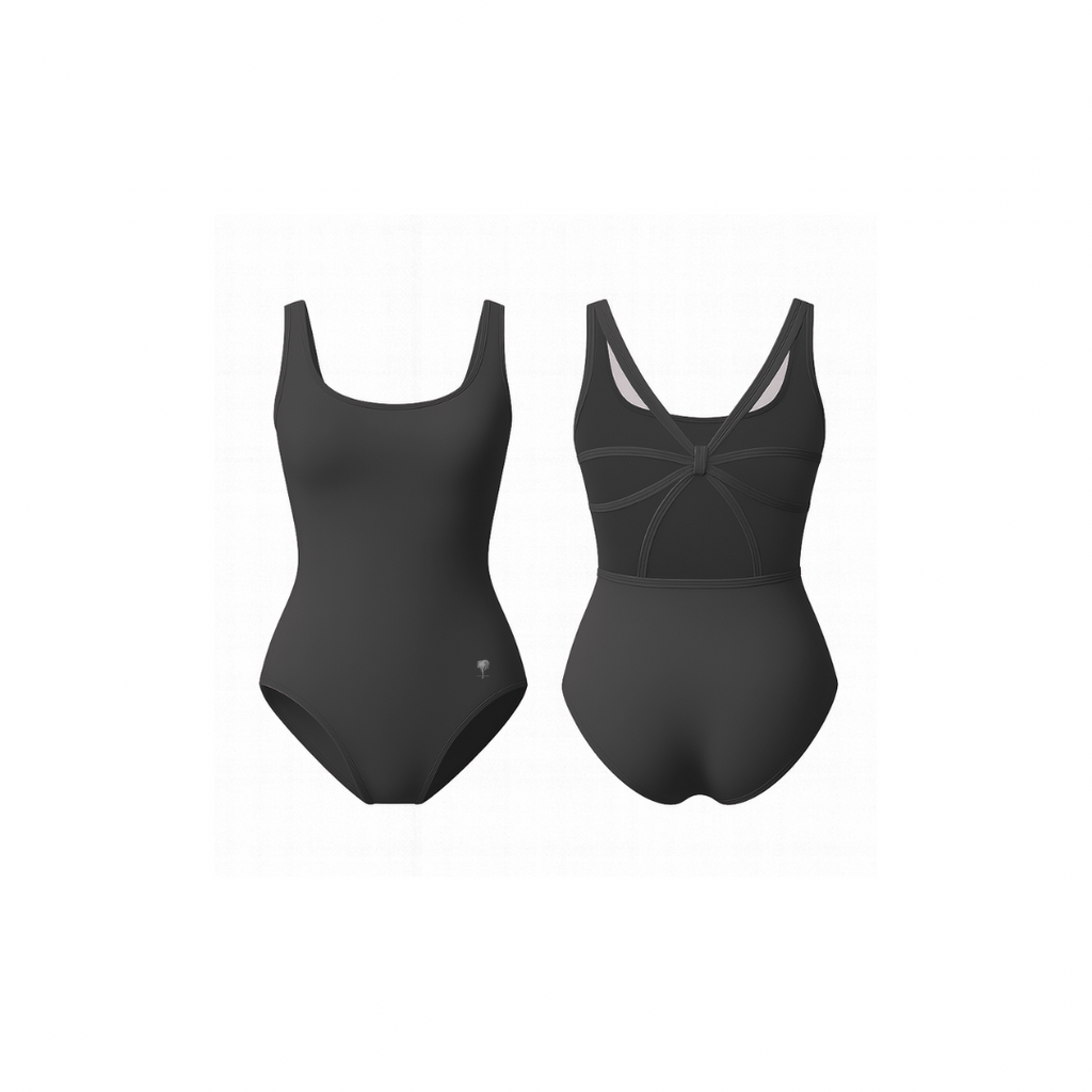 Minimalist jet black one-piece bodysuit with scoop neckline and sculpted mesh back detailing, designed for movement, performance, and feminine elegance.