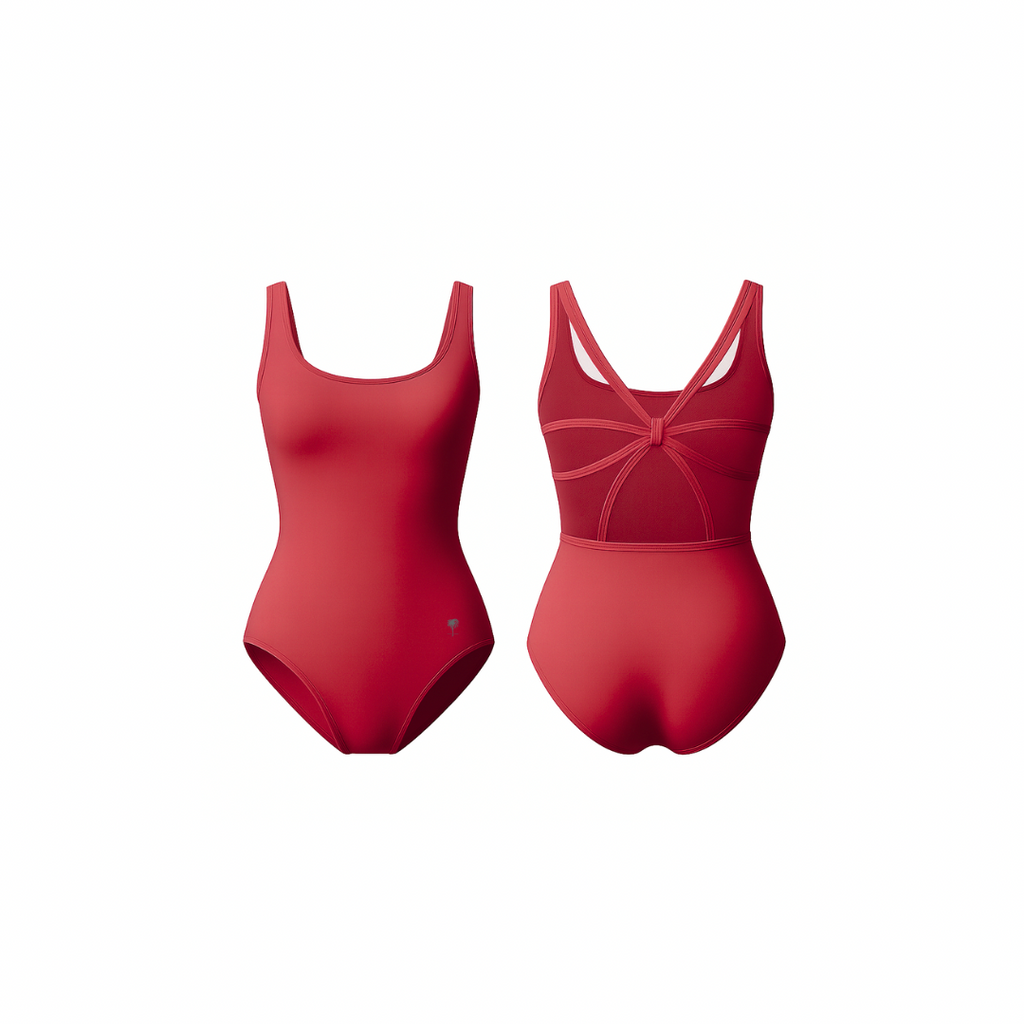Minimalist red one-piece bodysuit with scoop neckline and sculpted mesh back detailing, designed for movement, performance, and feminine elegance.
