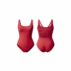 Minimalist red one-piece bodysuit with scoop neckline and sculpted mesh back detailing, designed for movement, performance, and feminine elegance.